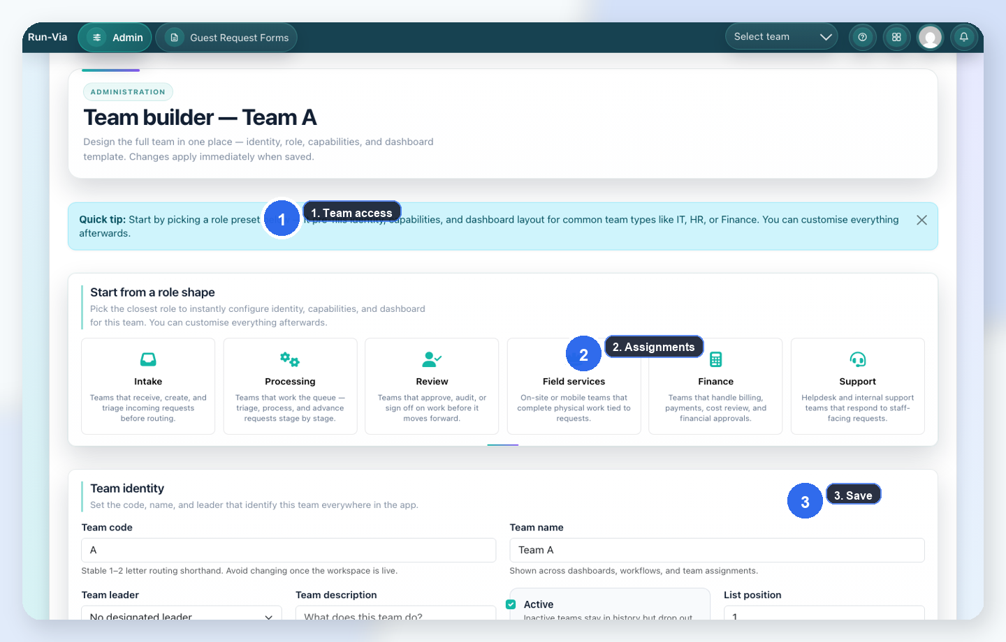 Team builder walkthrough panel screenshot