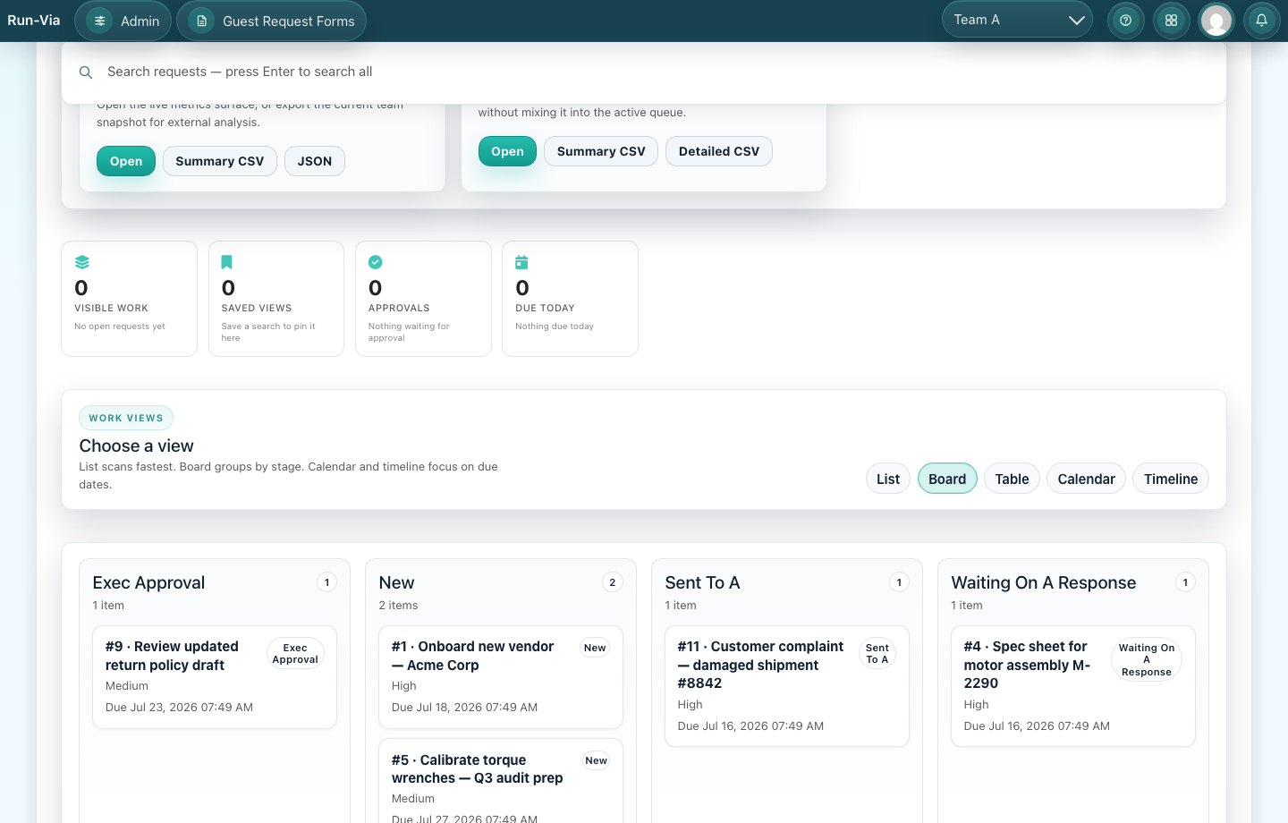Run-Via board view for tracking request status