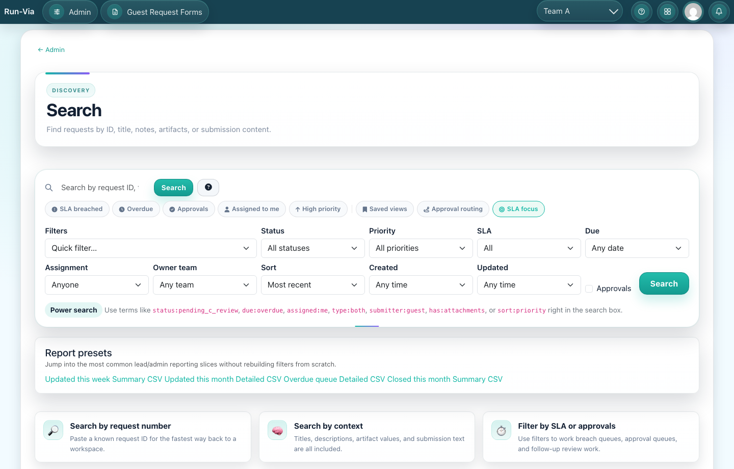 Search across requests Run-Via screenshot